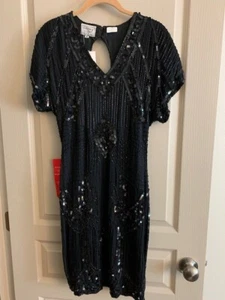 Stenay Größe 8 schwarz V-Ausschnitt 100 % Seide Perlen Kleid Silvester, Party, Motiv Neu mit Etikett - Bild 1 von 10