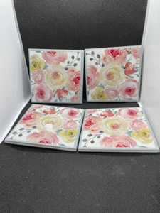 Set of Four Ceramic Tile Pink Yellow Floral Cork Backed Coasters - Picture 1 of 3