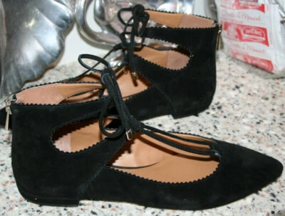 New AT Arturo Chiang Black Ankle Tie Flats SIZE 7.5 M KADENCE KID SUEDE BACK ZIP - Image 1 of 4