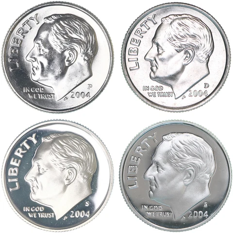 2004 P D S S Roosevelt Dime Year Set Silver & Clad Proof & BU US 4 Coin Lot Cover
