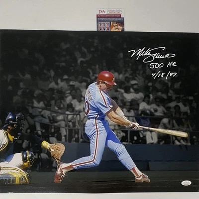 Foto autografiada/firmada de Mike Schmidt 500º HR inscrita de los Filis 16x20 certificado de autenticidad JSA Foto 1 de 2