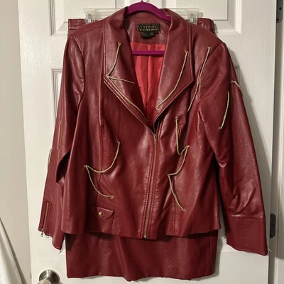 DONNA VINCI Couture Faux Red Leather Size 16 Skirt And Jacket Gold Details - Image 1 of 4