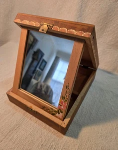 VTG Traveling Shaving Vanity Box Wooden w/ Mirror Jewelry Handpainted C Floral - Picture 1 of 22