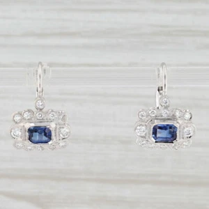 New 1.4ctw Blue Sapphire Diamond Halo Earrings 18k White Gold Pierced Drops - Picture 1 of 5