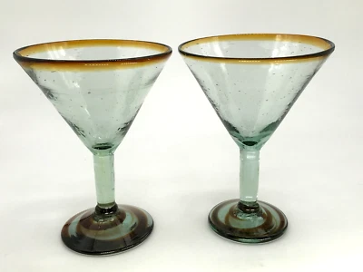 Hand Blown Mexican Martini Glasses Clear with Green and Brown Set of 2 - NICE! - Image 1 of 4