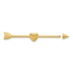 14K Yellow Gold 14 Gauge Polished Arrow w/ Heart Industrial Body Jewelry - Picture 1 of 3