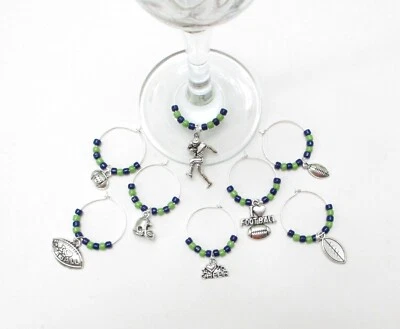 NEW-8 SEATTLE SEAHAWKS FOOTBALL WINE RINGS--REALLY CUTE - Image 1 of 2
