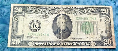 1934 SERIES K DALLAS, TX $20 DOLLAR BILL FEDERAL RESERVE NOTE - Image 1 of 2