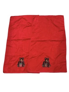 2 Christmas Bath Towels Red Embroidered Plaid Bear w/Present Child Size in VGC! - Picture 1 of 6
