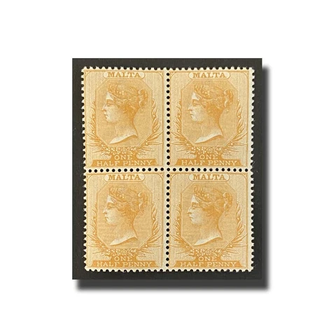 MALTA STAMPS HALF PENNY YELLOW-RED ORANGE BLK of UM Cover