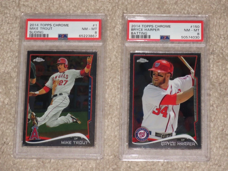 Mike Trout Bryce Harper 2014 Topps Chrome Batting Sliding MVP #1 #150 PSA 8 LOT - Image 1 of 2