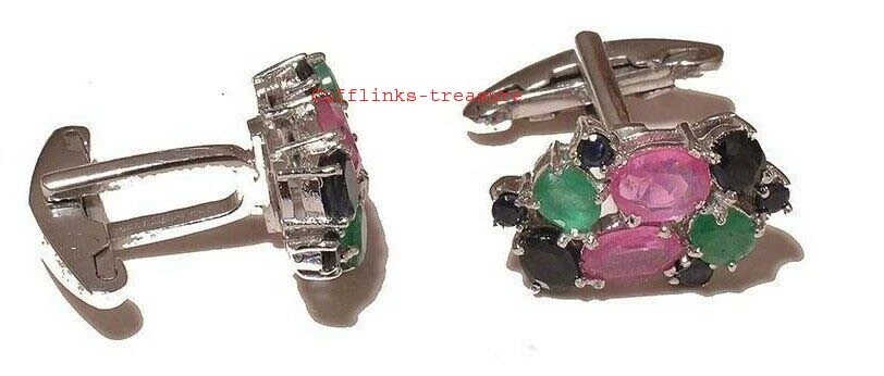 Natural Emerald Ruby & Sapphire Gemstones With 925 Sterling Silver Cufflinks #43 Foto 1 de 3