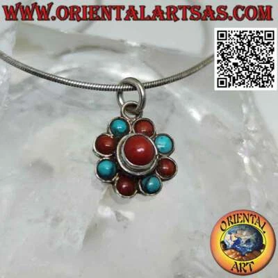 Ciondolo in argento 925‰ fiore con turchesi tibetani e coralli antichi alternati - Immagine 1 di 4