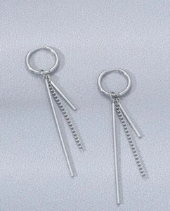 1pair Mens Long Silver Hoop Chain Stick Stainless Steel Dangle Decor Earrings - Picture 1 of 4