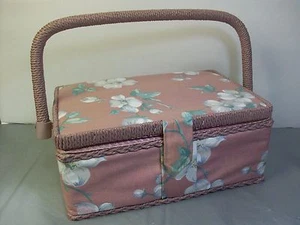 Cloth Sewing Basket Storage Box Organizer Pink with White Flowers Wicker Trim - Picture 1 of 11