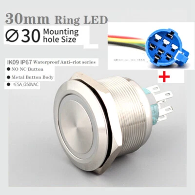 Interruptor pulsador de acero inoxidable iluminado anillo LED 30mm Momentary2NO 2NC12V Foto 1 de 4