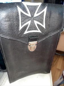 Leather Backpack Knapsack Motorcycle Bag Gothic Cross Adjustable Straps 10”x7” - Picture 1 of 9
