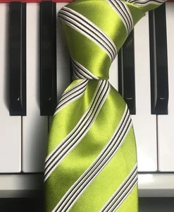 COUNTESS MARA / Luxury Lime Silk Satin Tie w/Repp Stripes in Pearl White & Black - Picture 1 of 12