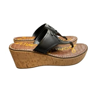 Sam Edelman Ruth Sandals Womens Sz 9M Black Leather Platform Slides Wedge Cork - Picture 1 of 8
