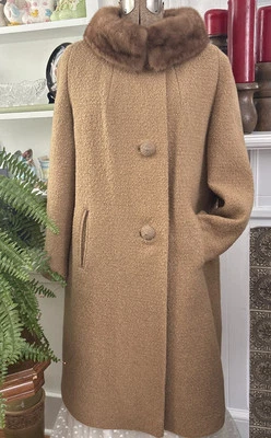 60's Vintage Camel WOOL MINK FUR Collar Swing Coat Women’s M Exquisite Construct - Image 1 of 4