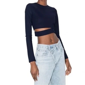 ALIX NYC Xenia Cut Out Slash Crop Top Navy Blue Minimalist Stretch Solid Medium - Picture 1 of 16