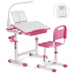 Kinderschreibtisch Schülerschreibtisch Verstellbar Neigbar mit Stuhl&Lampe Rosa - Bild 1 von 11