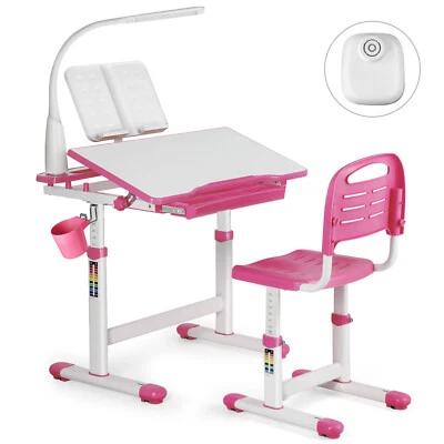 Kinderschreibtisch Schülerschreibtisch Verstellbar Neigbar mit Stuhl&Lampe Rosa - Bild 1 von 4