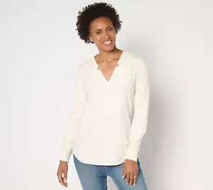 BEAUTIFUL by Laurence Zarian Notched V-Neck Long-Sleeve Top - Women's L - Pearl - Picture 1 of 2