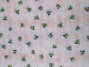 BEES BUZZING YELLOW SWIRLS  ROSE CORAL BEE COTTON FABRIC FQ 