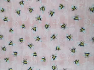 BEES REALISTIC BUZZ YELLOW SWIRLS ROSE CORAL BEE COTTON FABRIC BTHY - Picture 1 of 5