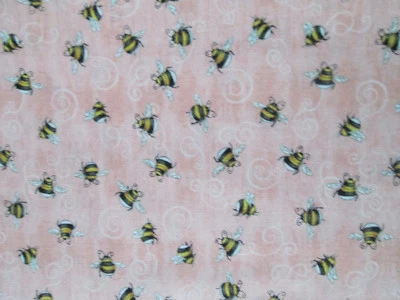 BEES REALISTIC BUZZ YELLOW SWIRLS ROSE CORAL BEE COTTON FABRIC BTHY  - Image 1 of 4