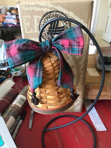 LONGABERGER NOEL BELL, Xmas plaid TIE + wrought iron display STAND - new Cover
