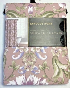 ENVOGUE HOME SHOWER CURTAIN MAUVE PURPLE GREEN FLOWERS 72 X 72 100% COTTON NIP - Picture 1 of 2