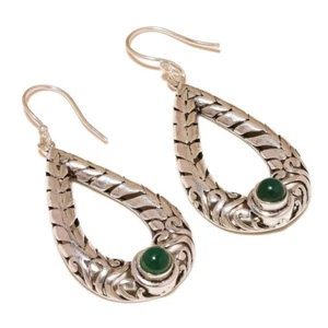 Cabochon Green Onyx Round Gemstone Silver Overly Handmade Carving Drop Earrings - Picture 1 of 3