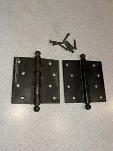 Pair of Antique Vintage 4.5” x 4.5” Hinges With Cannon Ball Pins - Picture 1 of 7