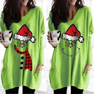 Christmas Santa Grinch's Dress Womens Long Sleeve Loose Tunic Tops Xmas Sundress - Picture 1 of 6