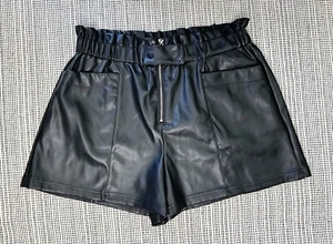 NWT Bebe Womens Large Black Vegan Leather Elastic Waist Zip Front Shorts Pockets - Picture 1 of 24