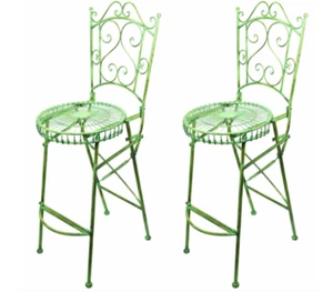Set/2 Wrought Iron Metal in or outdoor Folding Bar Stool Chair Verdigris Finish - Picture 1 of 2