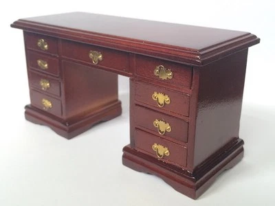 Knieloch Schreibtisch in Mahagoni, Puppenstube Miniatur Möbel, Arbeitszimmer Büro 1.12.