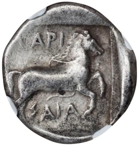 Thessaly Larissa 460-400 BC, HORSE BULL Drachm Thessalian League Coin, NGC VF - Imagen 1 de 5