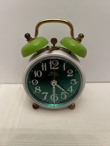 Vintage Linden Black Forest West Germany Wind Up Green & White Alarm Clock Works Cover