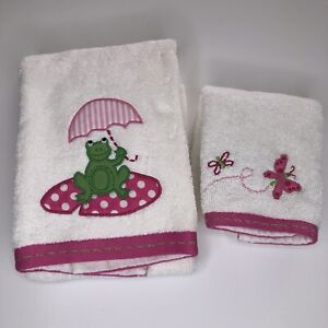 Pottery Barn Kids Hand Towel Washcloth Set Frog Butterflies Pink White Green NWT