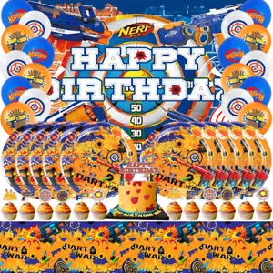 Nerf Birthday Party Supplies Set Plates Balloons Cake Toppers Backdrop 5x3ft - Bild 1 von 7