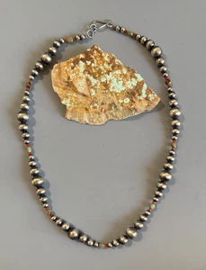 Sterling Silver Turquoise & Coral Hand-Strung 23" Navajo Pearl Beaded Necklace - Picture 1 of 7