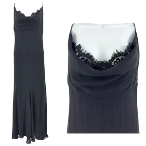 Vintage Tadashi Silk Maxi Dress Gown Size 6 Black Lace Drape Neck Whimsigoth Y2K - Picture 1 of 11