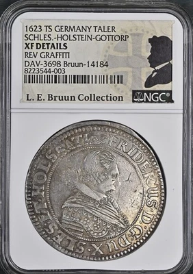 1623 Scheswig-Holstein-Gottorp, Federico III. Thaler de plata RARO. Detalle NGC XF Foto 1 de 2