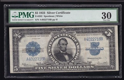 US 1923 $5 Lincoln Porthole Silver Certificate Note FR 282 PMG 30 VF (716) - Image 1 of 2