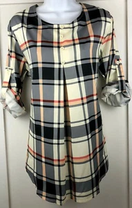 Cestyle Womens Layered Flowy Top Roll-up Long Sleeve  X-Large Beige Plaid NWT - Picture 1 of 12