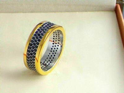 2Ct Round Simulated Sapphire Men's Wedding Ring 14k Yellow Gold Plated Silver - Image 1 of 4