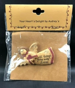 Vintage ENGEL Anstecknadel Brosche Volkskunst PRIM Country Herbst ALL THINGS GROW LOVE 1990er - Bild 1 von 4